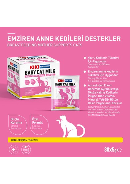 Kıkı Excellent Kedi Süt Tozu Saşe (Whey Protein + Inulin) 5 Gr. 30 Adet (Kutu) KC112B30