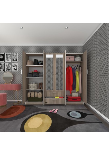 Kenzlife gardırop 6 kapılı çekmeceli begonvil210 crd aynalı kapaklı gardolap dolap