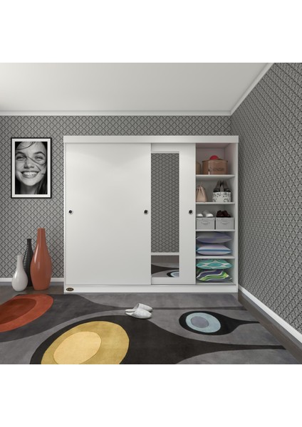 Kenzlife gardırop sürgülü kapaklı kapılı 200 papatya byz aynalı gardolap dolap