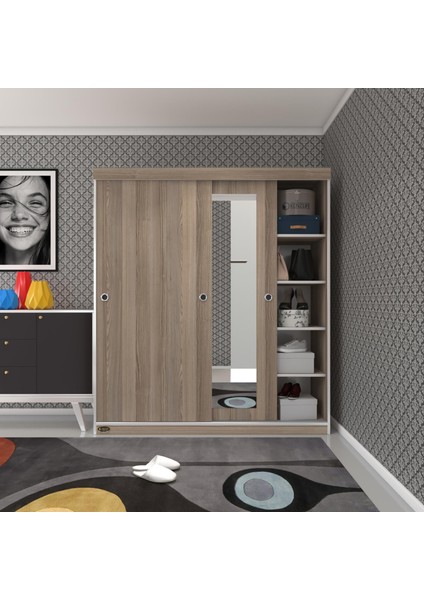 Kenzlife gardırop sürgülü kapaklı kapılı 160 papatya crd aynalı gardolap dolap