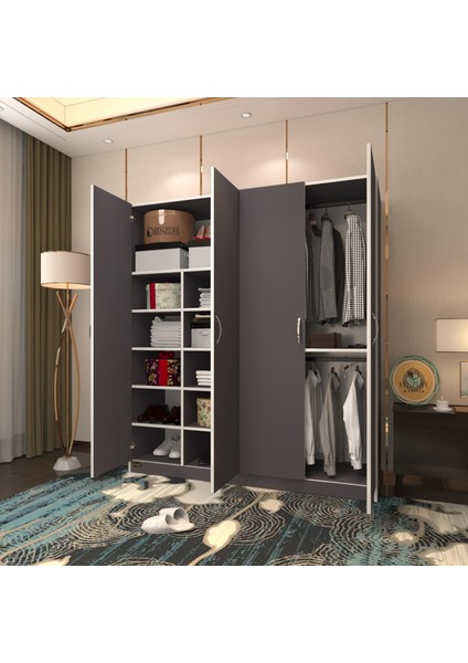 Kenzlife gardırop 4 kapılı kaktüs 180*160*52 gri XLARGE kapaklı gardolap dolap