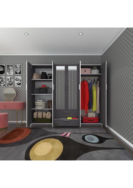 Kenzlife gardırop 6 kapılı çekmeceli begonvil210 gri aynalı kapaklı gardolap dolap