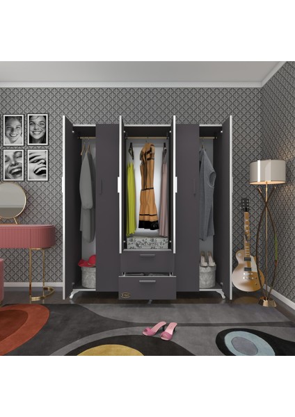 Kenzlife gardırop 6 kapaklı kapılı 2 çekmeceli glayör 168*150*42 gri ayaklı gardolap dolap