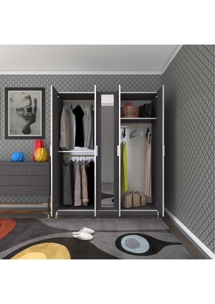 Kenzlife gardırop 5 kapaklı kapılı 150 lilyum gri aynalı gardolap dolap