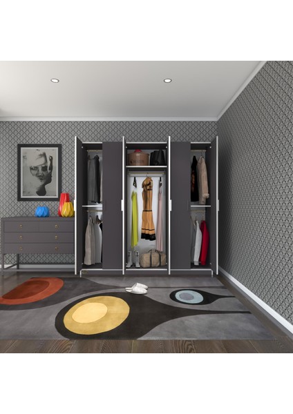 Kenzlife gardırop 6 kapaklı kapılı anemon 180*180*42 gri gardolap dolap