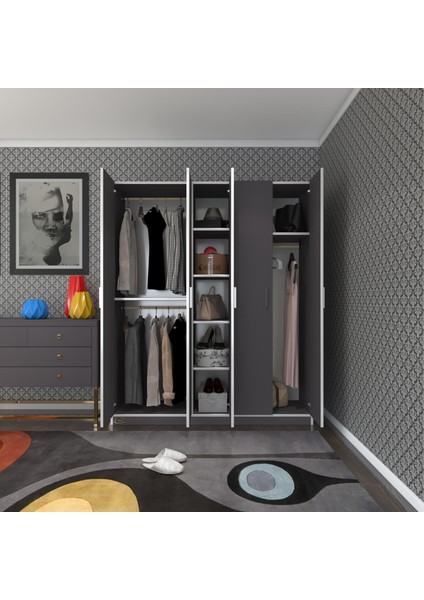 Kenzlife gardırop 5 kapaklı kapılı 150 lilyum gri gardolap dolap