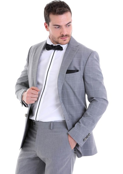 Gri Slim Fit Kareli Mono Yaka Takım Elbise