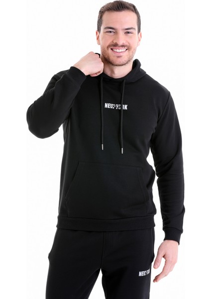 Siyah Regular Fit Düz Kapüşonlu Pamuklu Kanguru Cep Sweatshirt