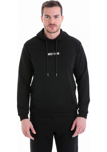 Siyah Regular Fit Düz Kapüşonlu Pamuklu Kanguru Cep Sweatshirt