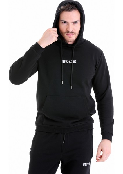 Siyah Regular Fit Düz Kapüşonlu Pamuklu Kanguru Cep Sweatshirt