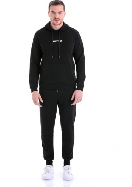 Siyah Regular Fit Düz Kapüşonlu Pamuklu Kanguru Cep Sweatshirt