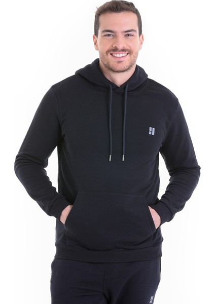 Lacivert Regular Fit Düz Kapüşonlu Pamuklu Kanguru Cep Sweatshirt