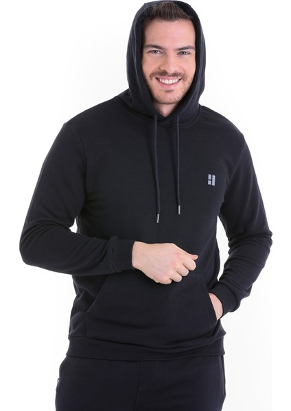 Lacivert Regular Fit Düz Kapüşonlu Pamuklu Kanguru Cep Sweatshirt