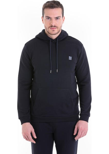 Lacivert Regular Fit Düz Kapüşonlu Pamuklu Kanguru Cep Sweatshirt