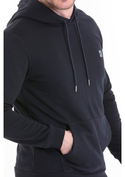 Lacivert Regular Fit Düz Kapüşonlu Pamuklu Kanguru Cep Sweatshirt