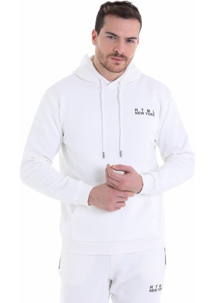 Ekru Regular Fit Düz Kapüşonlu Pamuklu Kanguru Cep Sweatshirt