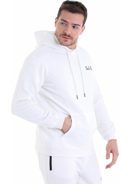 Ekru Regular Fit Düz Kapüşonlu Pamuklu Kanguru Cep Sweatshirt