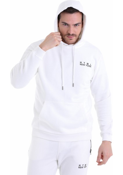 Ekru Regular Fit Düz Kapüşonlu Pamuklu Kanguru Cep Sweatshirt