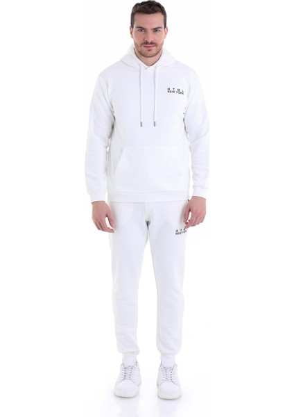 Ekru Regular Fit Düz Kapüşonlu Pamuklu Kanguru Cep Sweatshirt