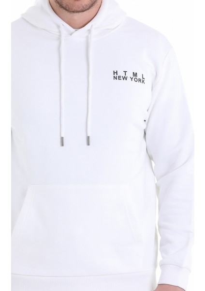 Ekru Regular Fit Düz Kapüşonlu Pamuklu Kanguru Cep Sweatshirt