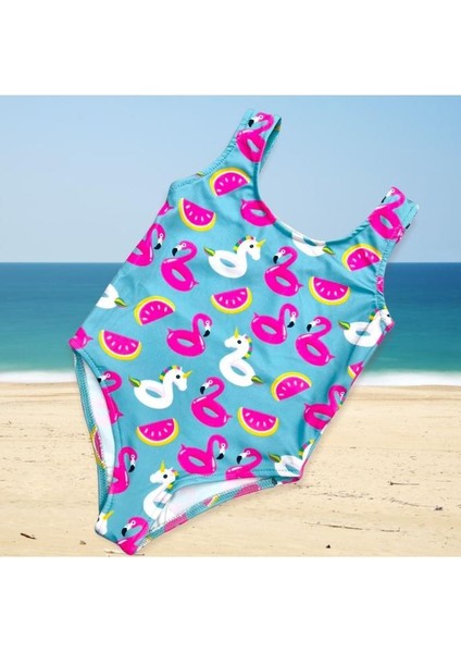 Kız Çocuk Flamingo Unicorn Karpuz Yaz Eğlenceli Desenli Bebe Mavi Renk Baskılı Mayo Son Sezon 2022