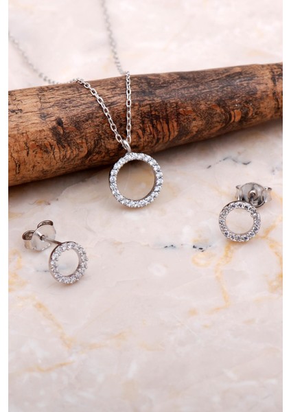 Halka Tamtur Taşlı Rodyumlu Gümüş Küpe Kolye Seti 2604