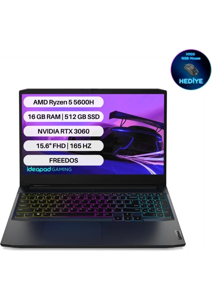 IdeaPad Gaming 3 AMD Ryzen 5 5600H 16GB 512GB SSD RTX3060 Freedos 15.6" FHD Taşınabilir Bilgisayar 82K200K0TX