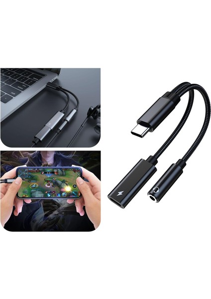 2 Arada 1 USB C Ila 3.5mm Aux Sesli Kulaklık Şarj Cihazı Adaptörü PD60W Kordon Siyah (Yurt Dışından)