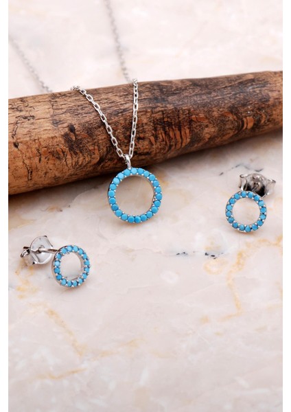 Turkuaz Tamtur Taşlı Rodyumlu Gümüş Küpe Kolye Seti 2605