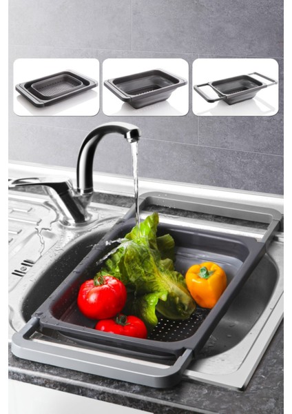 Kitchen Life Silikon Büyük Boy Akordiyon Katlanabilir Lavabo Süzgeci - Evye Üstüne Asılabilen Kollu Süzgeç 5,5lt