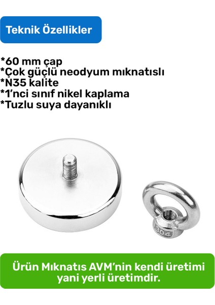 60 mm Çap, 100 kg Taşıma Gücü, Halkalı Neodyum Pot Mıknatıs Çok Güçlü - 25 Metre Halat, Karabina Kanca ve Eldiven Set fiyatları