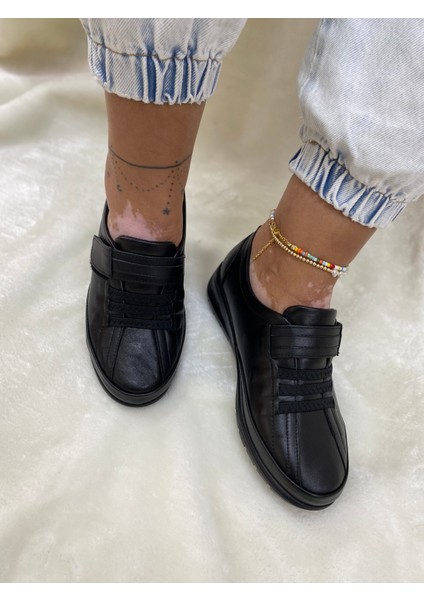 Gerçek Deri Ortopedik Cırtlı Önü Lastikli Siyah Kadın Ayakkabı (7679) - Siyah - 39 - ST00698-SİYAH-39
