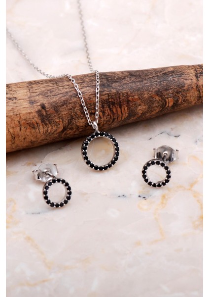 Halka Tamtur Taşlı Safir Rodyumlu Gümüş Kolye Küpe Seti 2607