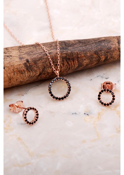 Halka Tamtur Taşlı Safir Rose Gümüş Kolye Küpe Seti 2609