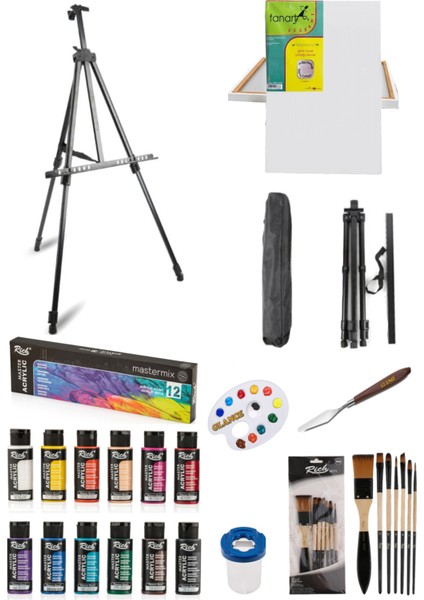 Rich Mastermix Akrilik Boya 12'li 60 cc - 50X70 Tuval -Portatif Metal Şövale Seti Ayarlanabilir