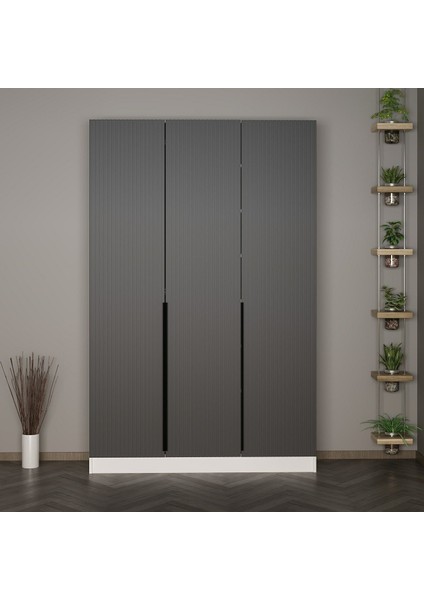 Kale 210 cm 3 Kapaklı 1b Raf Portmanto Beyaz Mebran Çizgili Antrasit