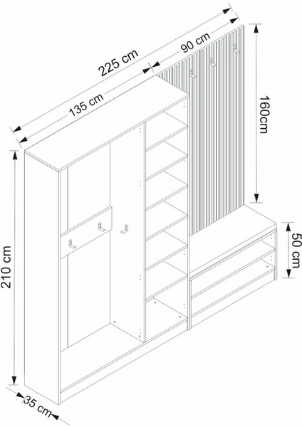 Kale Dekor Panel 3 Kapaklı 1b Raf Portmanto + Ayakkabılık Minderli Beyaz Beyaz