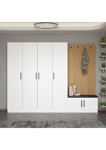 Kale Dekor Panel 4 Kapaklı 2b Raf Portmanto + Ayakkabılık Minderli Beyaz Beyaz