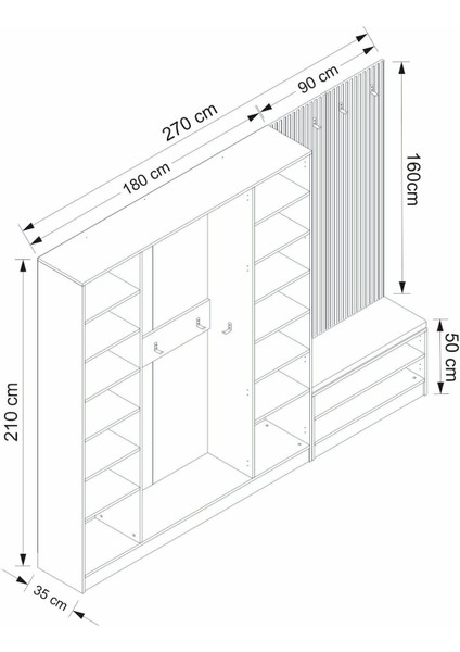 Kale Dekor Panel 4 Kapaklı 2b Raf Portmanto + Ayakkabılık Minderli Beyaz Dore