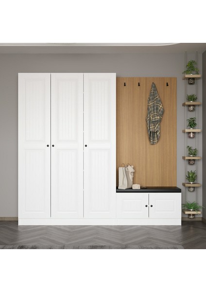 Kale Dekor Panel 3 Kapaklı 1b Raf Portmanto + Ayakkabılık Minderli Beyaz Mebran Ilkbahar Beyaz