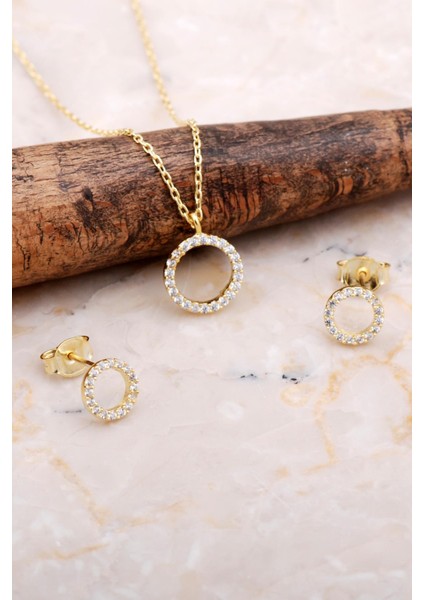 Halka Tamtur Taşlı Altın Kaplama Gümüş Kolye Küpe Seti 2612