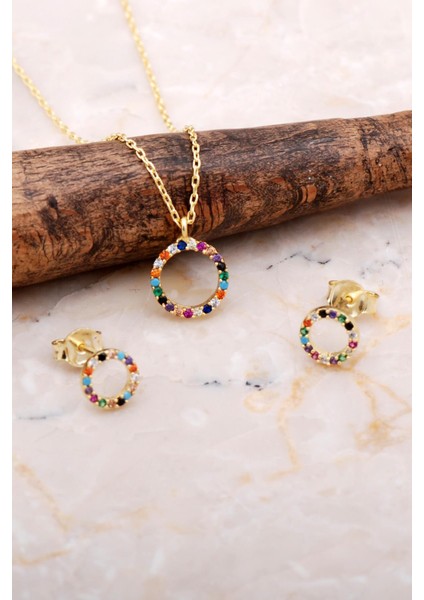 Halka Tamtur Mix Taşlı Altın Kapalam Gümüş Kolye Küpe Seti 2613