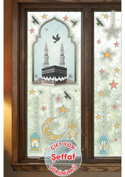 Hoşgeldin Ramazan Cam Duvar Sticker - Kabe Kuşlar ve Fener Figürlü Duvar Cam Sticker - Şeffaf