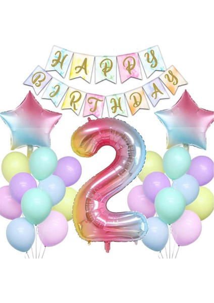 Gökkuşağı Konsepti 2 Yaş Doğum Günü Parti Kutlama Seti; Rakam ve Yıldız Folyo, Banner ve Makaron Balon