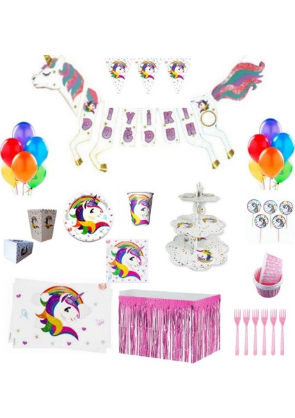 Unicorn Çiçek Temalı Full Kız Doğum Günü Seti 16 Kişilik