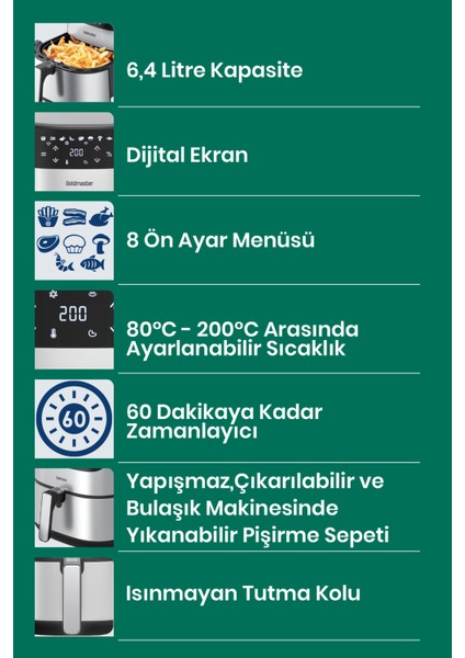 Chefcook 2000 Watt Yüksek Güç 6,4 Litre Inox Geniş Xxl Dokunmatik Airfryer Yağsız Sıcak Hava Fritözü