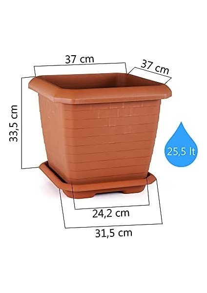 HK03 Hisar Kare Saksı No:3 Tabaklı 37 Cm, 25,5 Litre Mocha