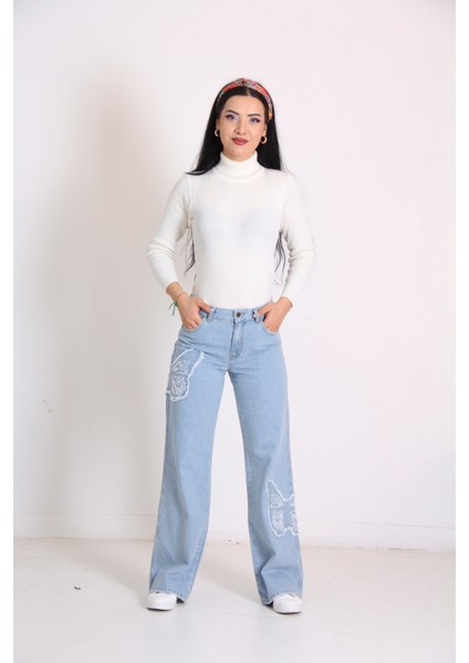 Kelebek Nakışlı Pantolon- Mavi