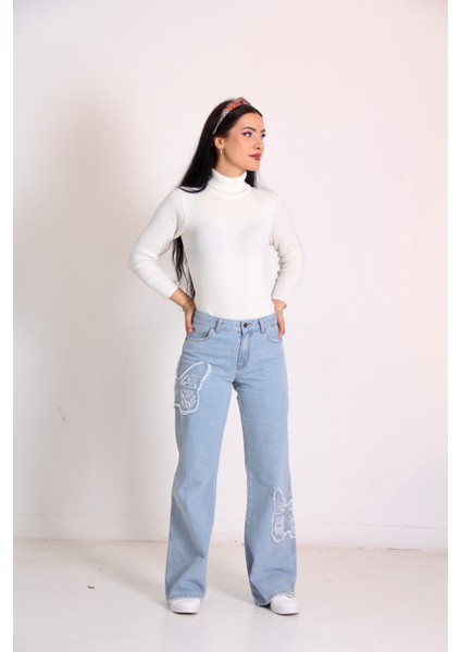 Kelebek Nakışlı Pantolon- Mavi