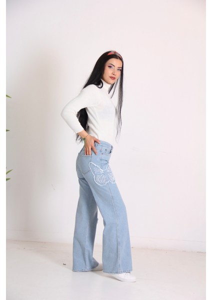 Kelebek Nakışlı Pantolon- Mavi